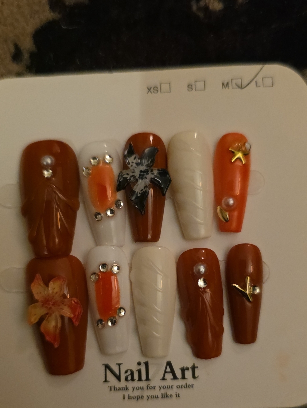 Press-On Nail Set in Brown, White & Orange - Nail Art Size Med Set Of 10 Nails